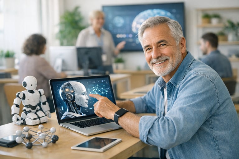 Confident older adult learning AI technology in a bright, welcoming educational setting Confident older adult learning AI technology in a bright, welcoming educational setting