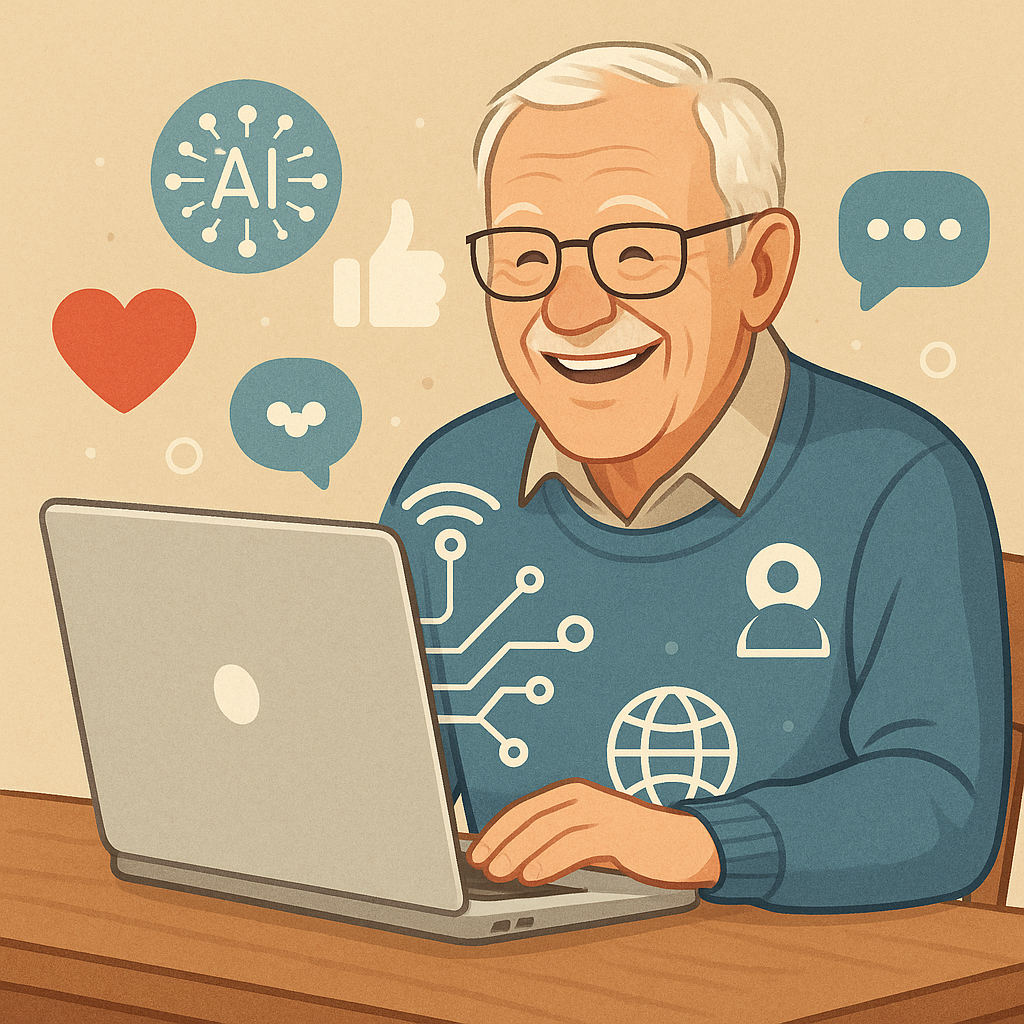 A cheerful senior adult sitting comfortably at a l