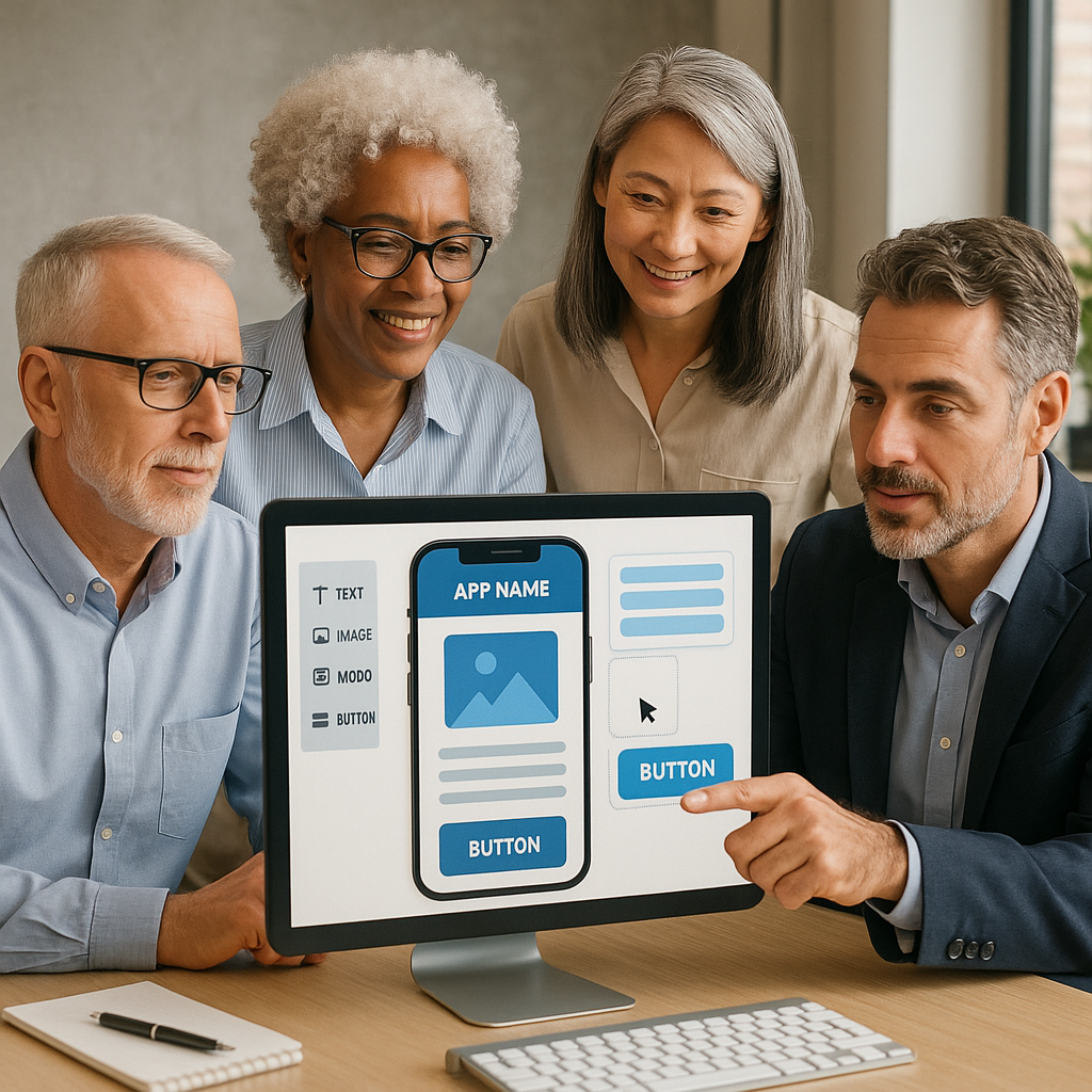 A diverse group of mature professionals collaborat