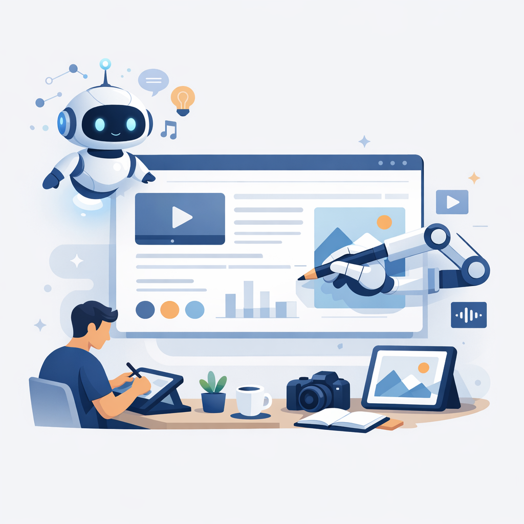 Minimalist illustration of AI technology assisting with content creation on clean interface