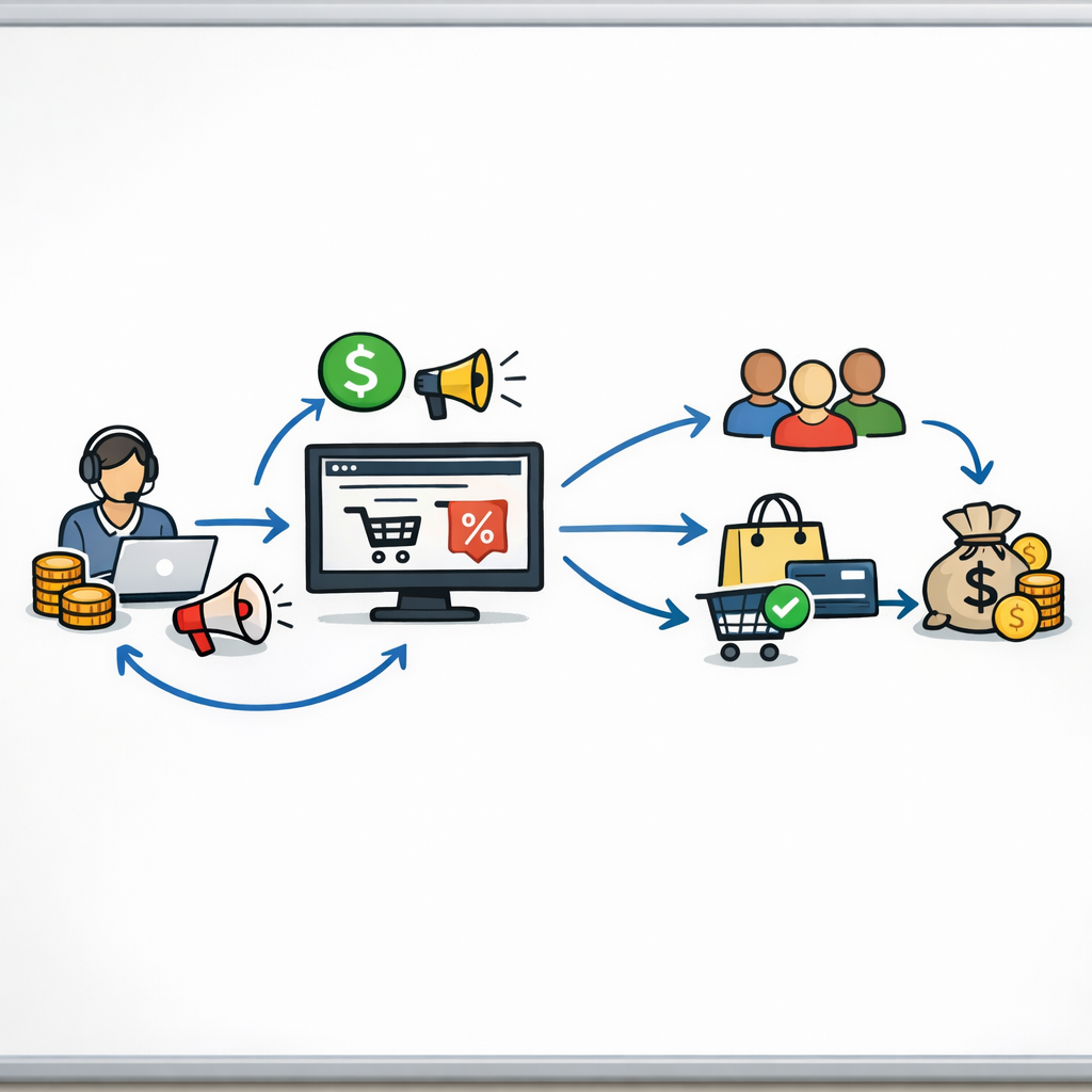 Clear flowchart diagram showing straightforward affiliate marketing system on clean whiteboard