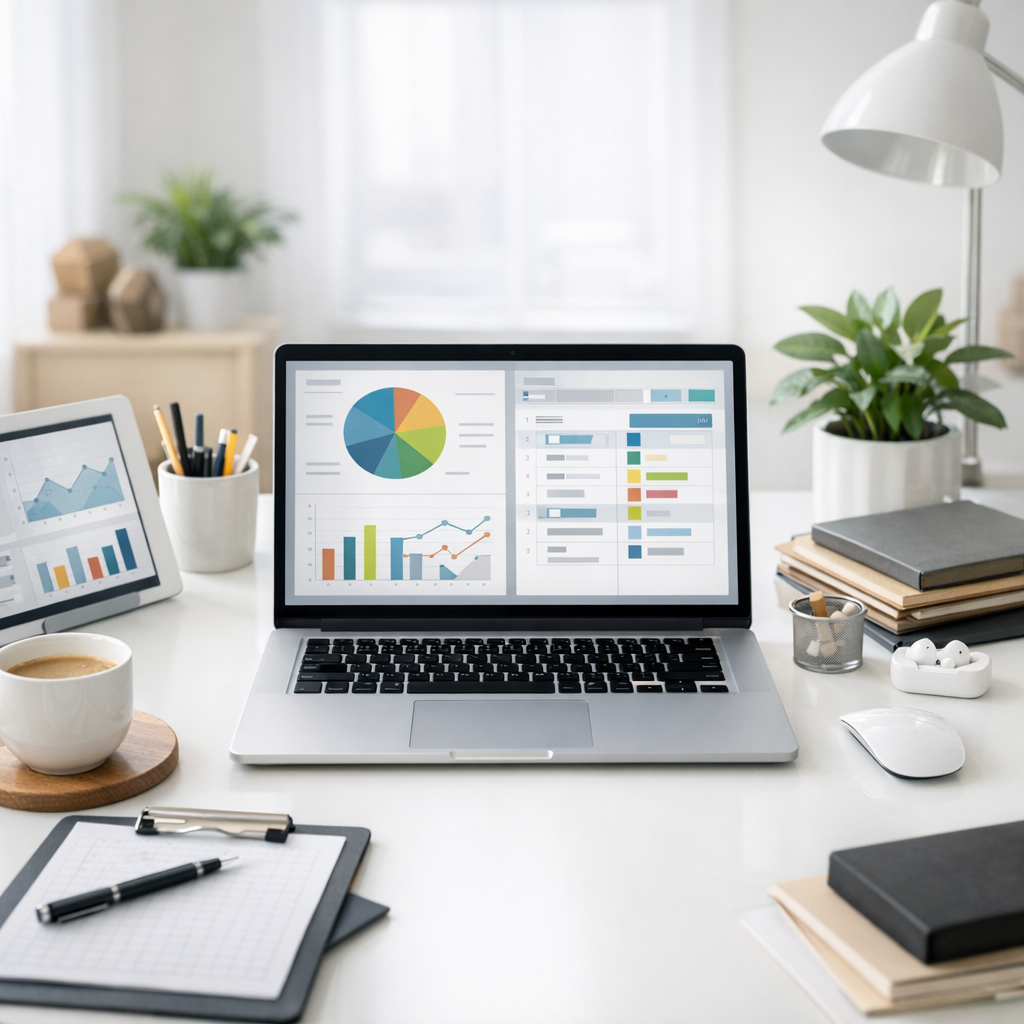 Bright workspace with laptop showing clear business planning tools and organized digital resources