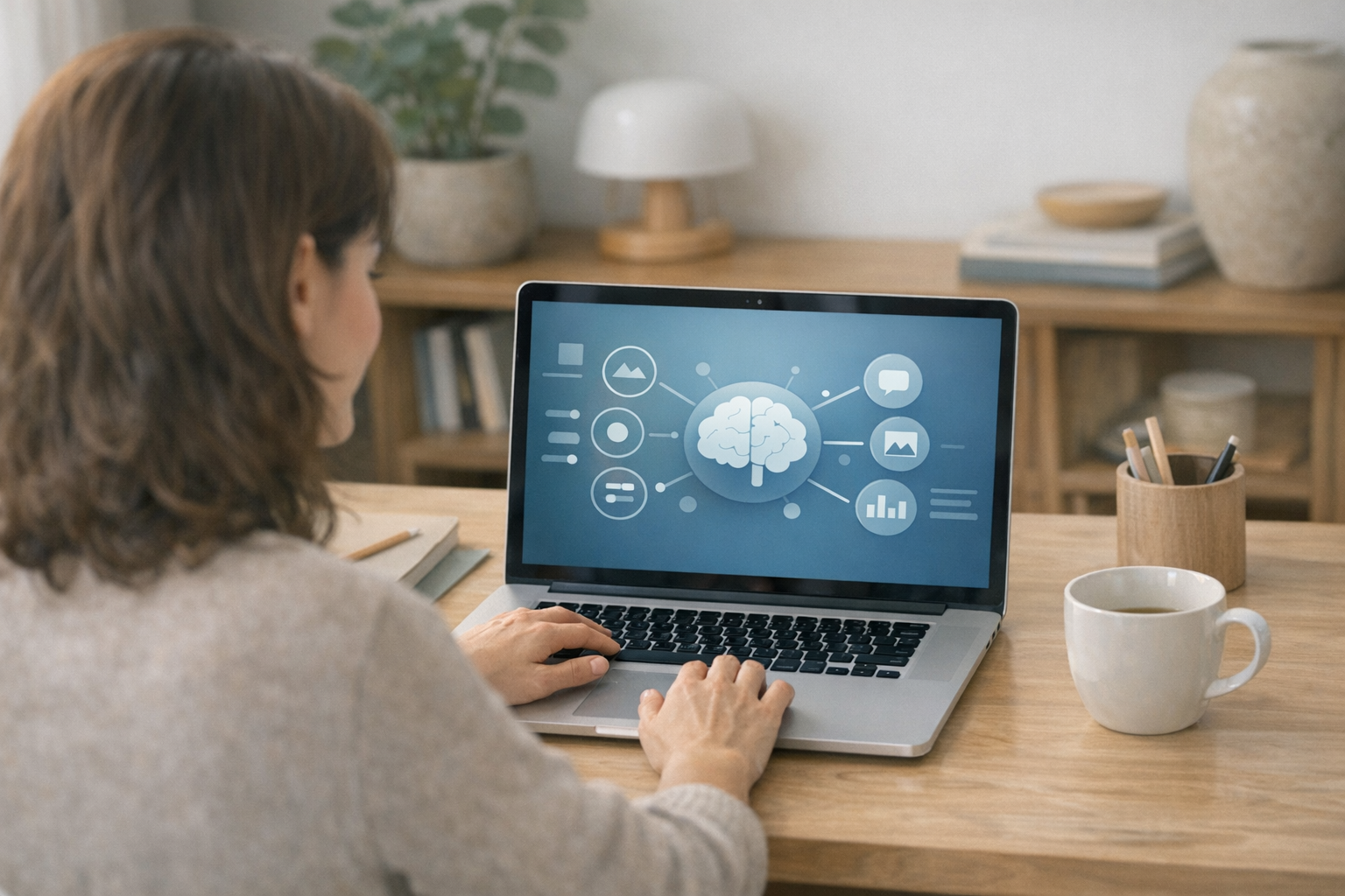 Calm learning environment with person comfortably using laptop with simple AI interface