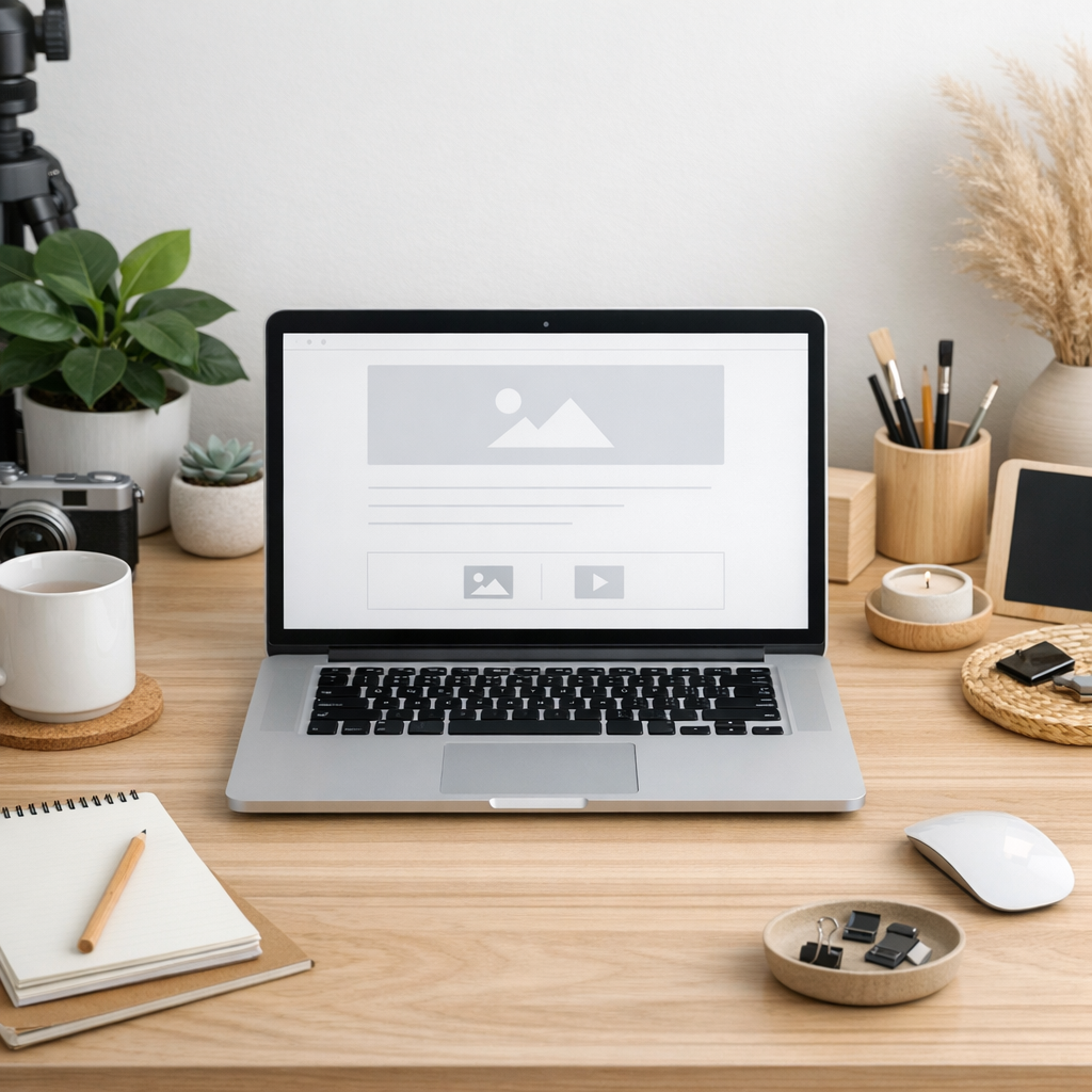 Clean and organized content creation workspace with laptop showing simple blogging interface
