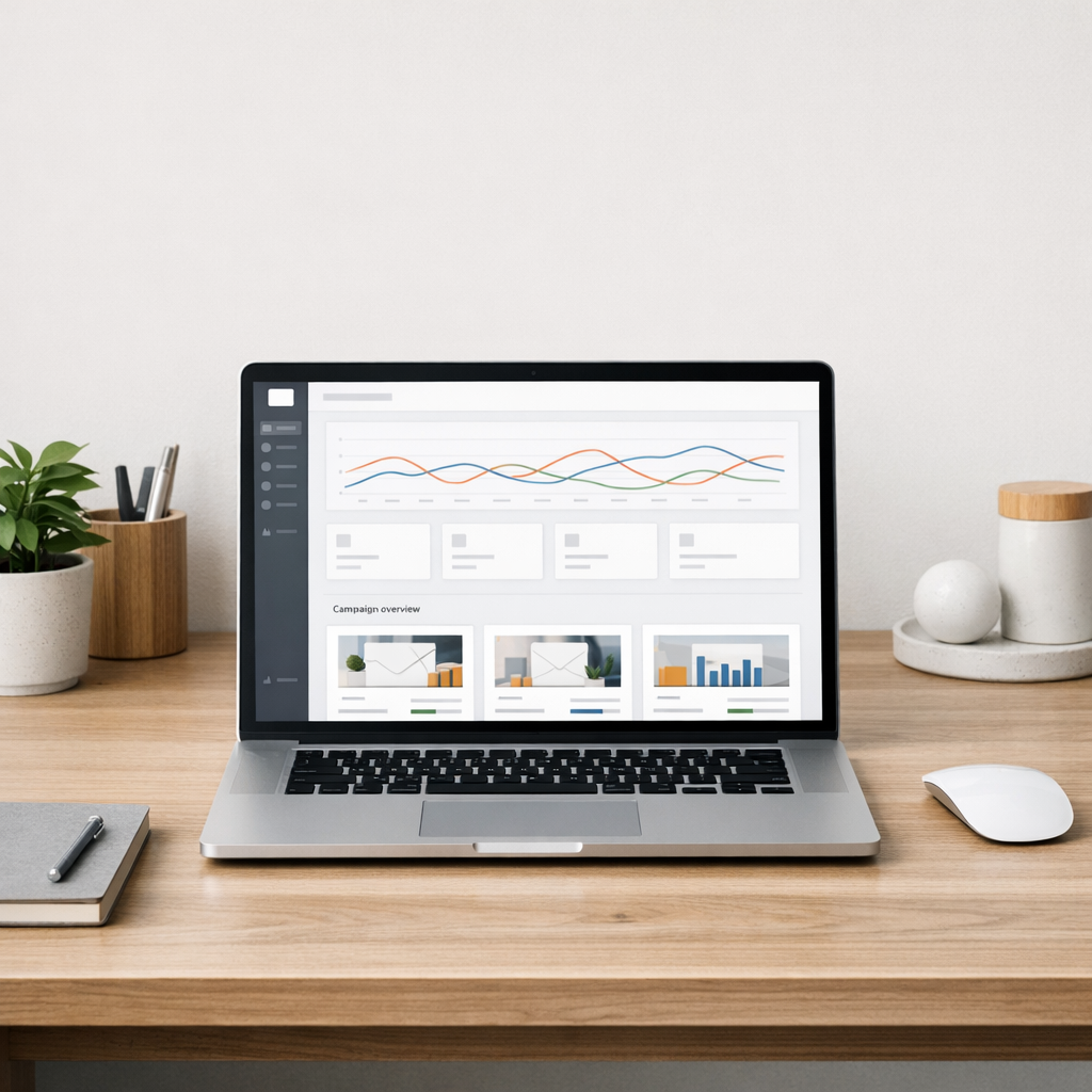 Minimal desk setup showing laptop with clean email marketing platform and simple campaign overview
