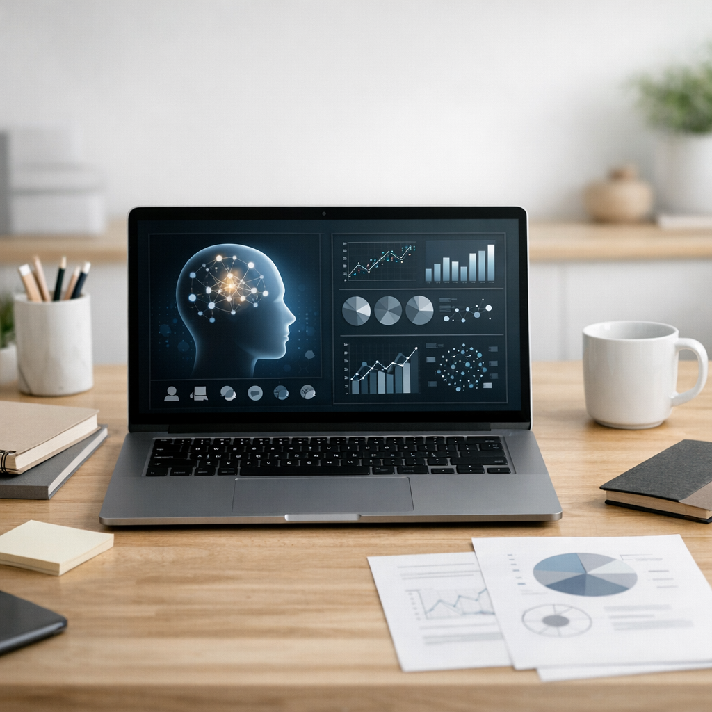 Clean workspace showing laptop with AI interface and simple training materials