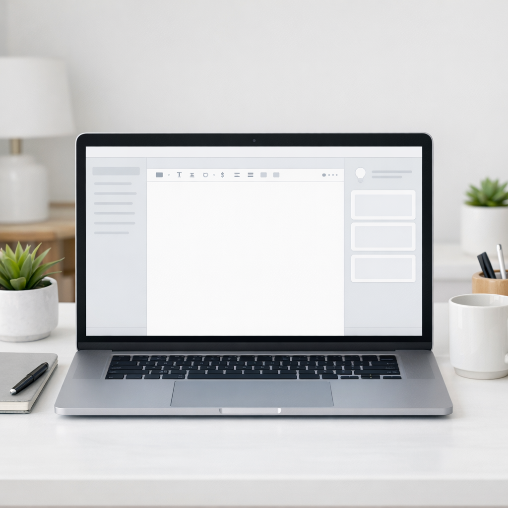 Clean workspace with laptop displaying AI writing assistant interface