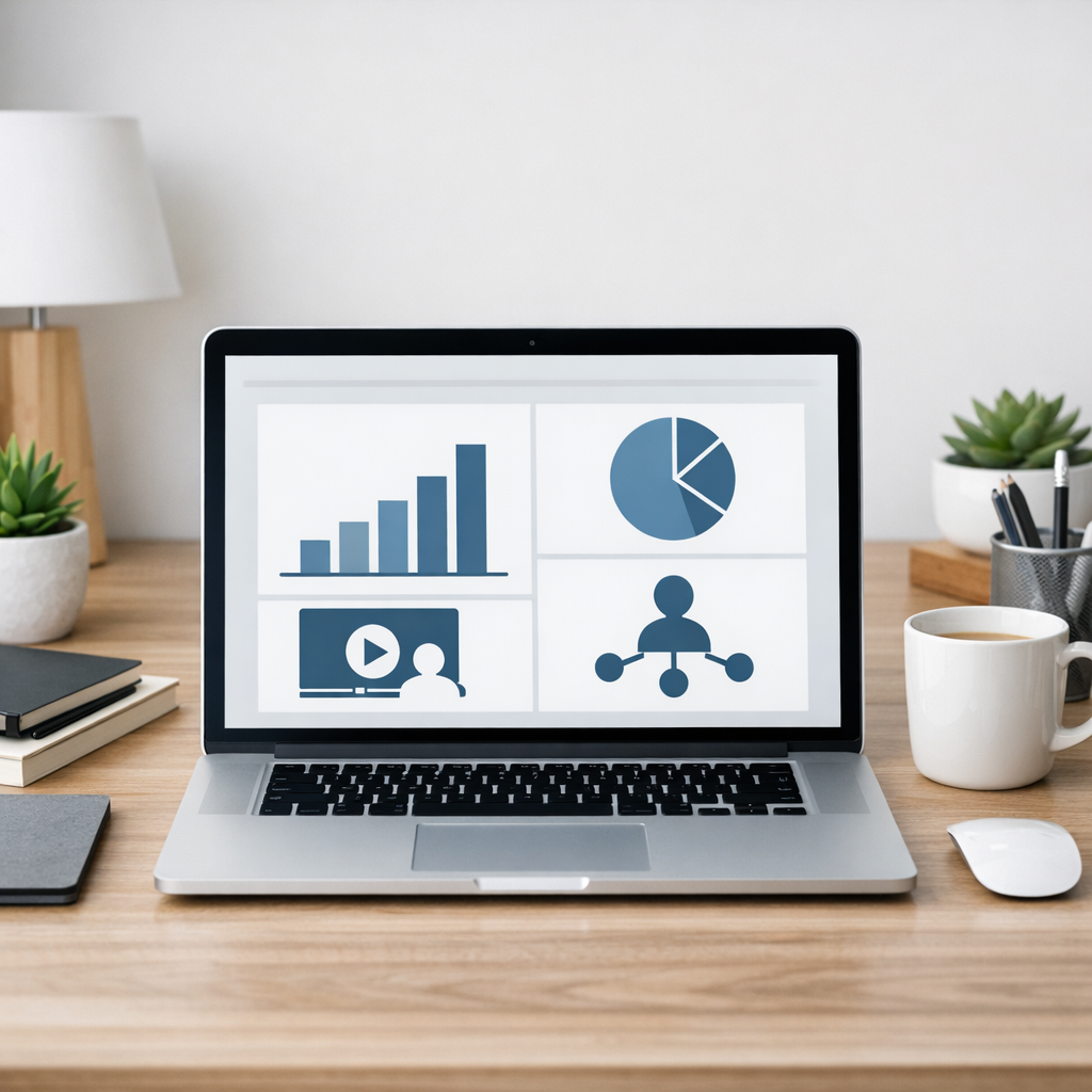 Clean workspace with laptop showing simple affiliate marketing training dashboard