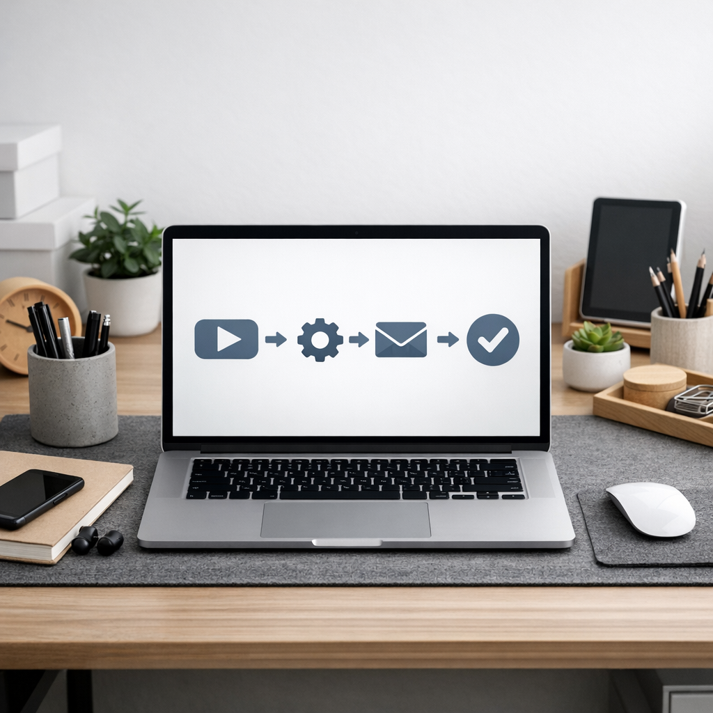 Clean workspace with laptop displaying simple automation workflow and organized productivity tools