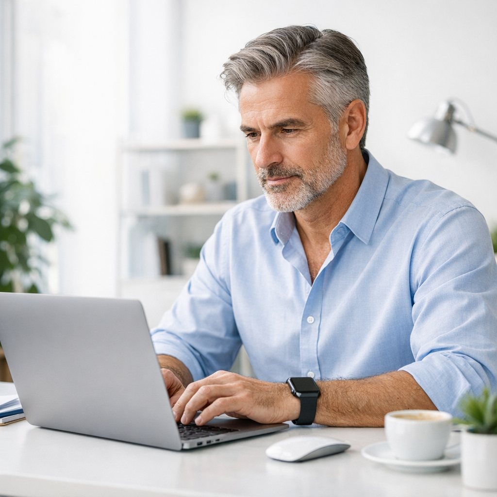 Confident mature adult working on laptop in bright, clean workspace, focused on building digital business
