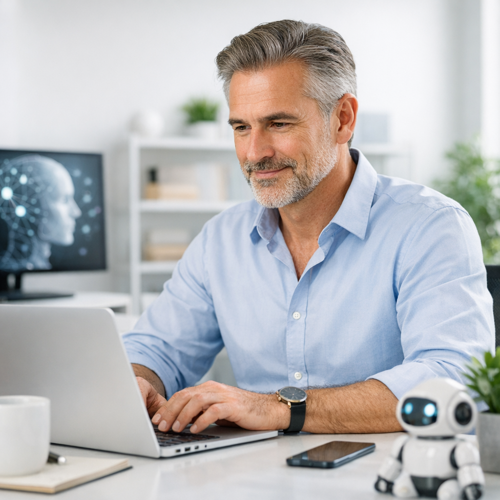 Confident mature adult working on laptop in bright, clean workspace learning AI tools