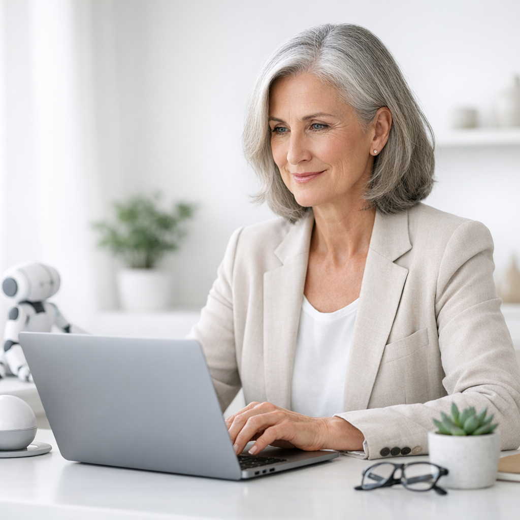 Confident mature adult learning AI technology on a clean, modern laptop in a bright, minimalist workspace