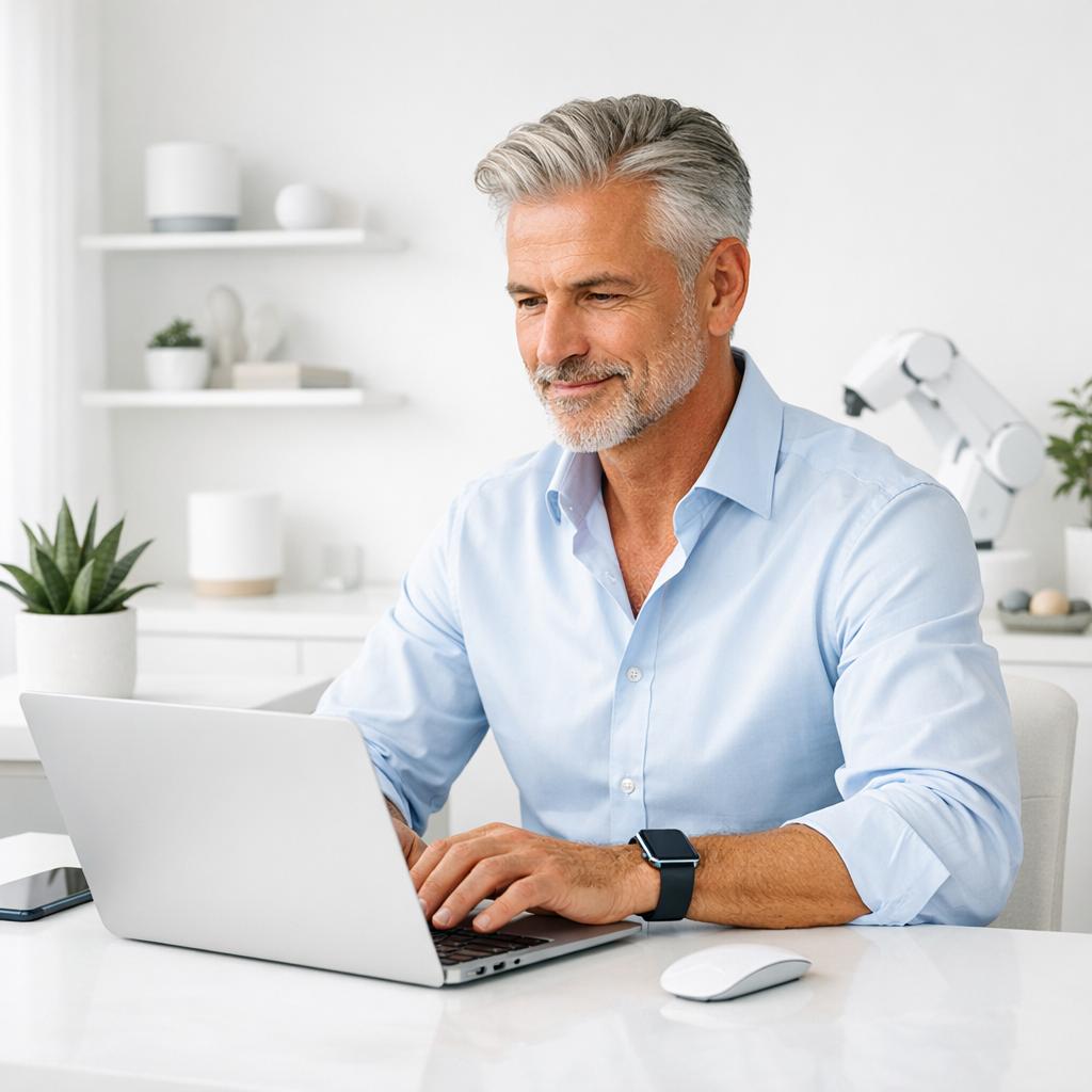 Confident over-fifty entrepreneur working with clean digital automation tools on laptop in bright minimalist workspace