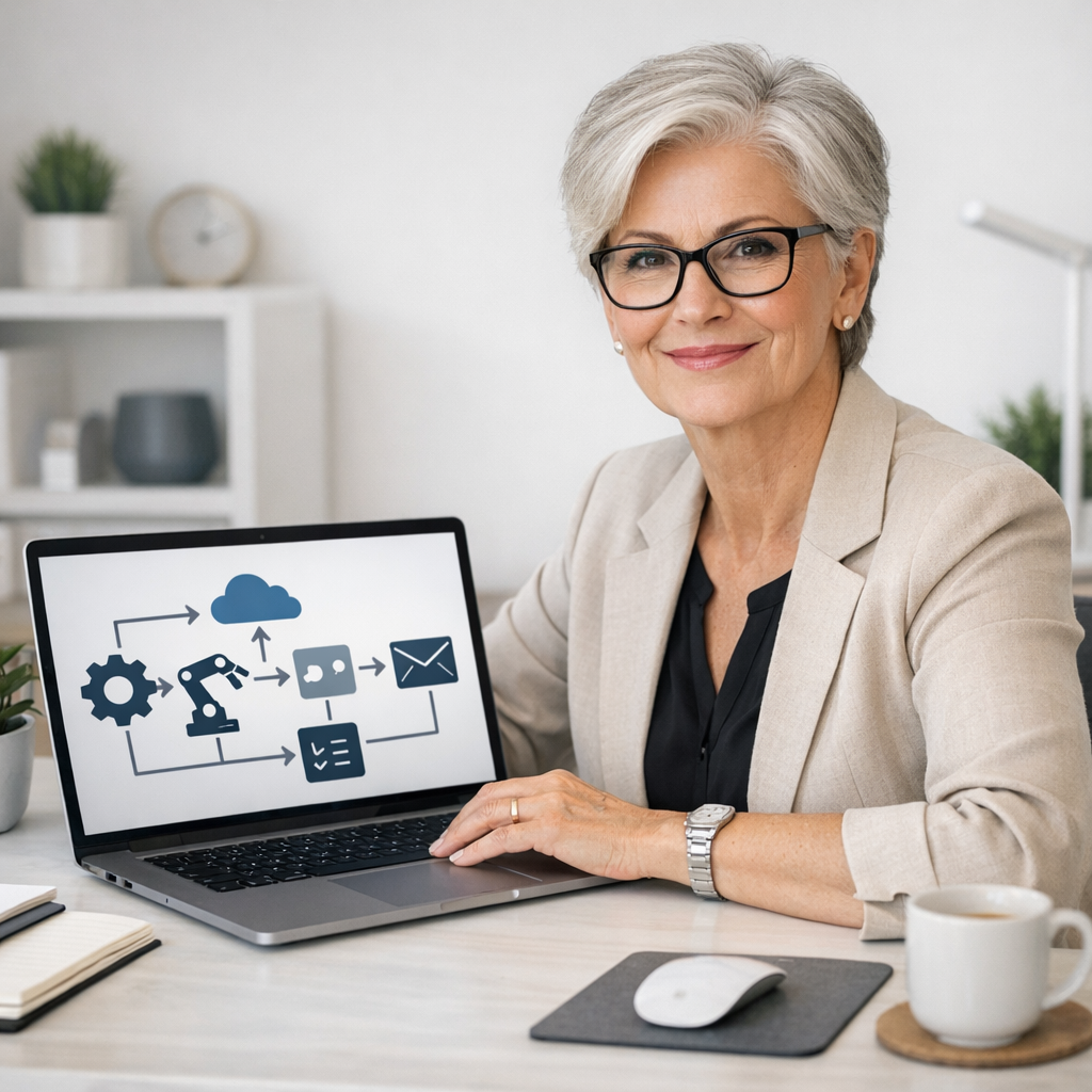 Confident individual over 50 working efficiently at a clean, organized desk with simple automation tools displayed on a modern laptop screen