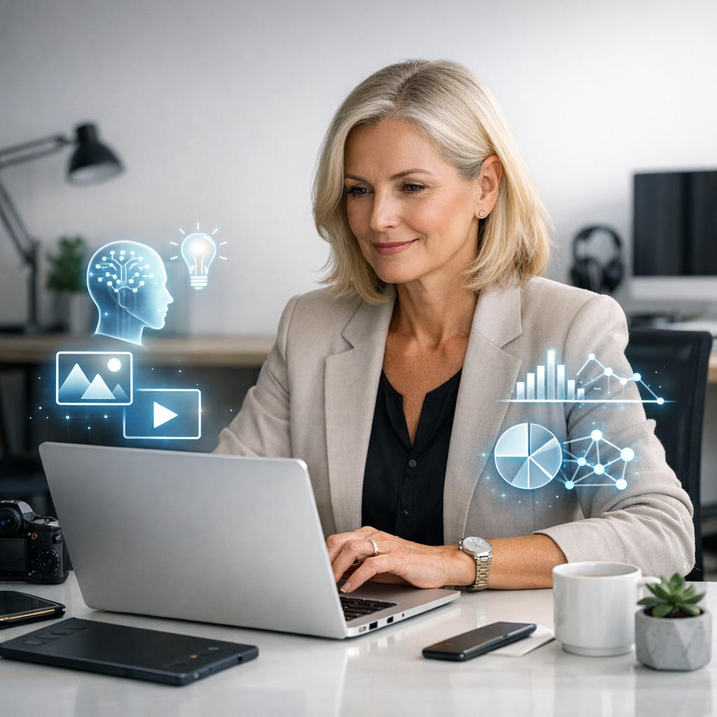 Confident mature professional using laptop with clean workspace and AI tools for content creation