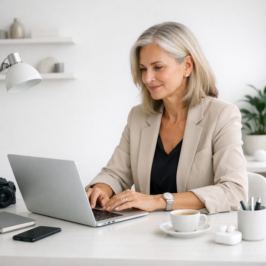 Confident mature professional working on email marketing at clean, minimalist workspace with laptop