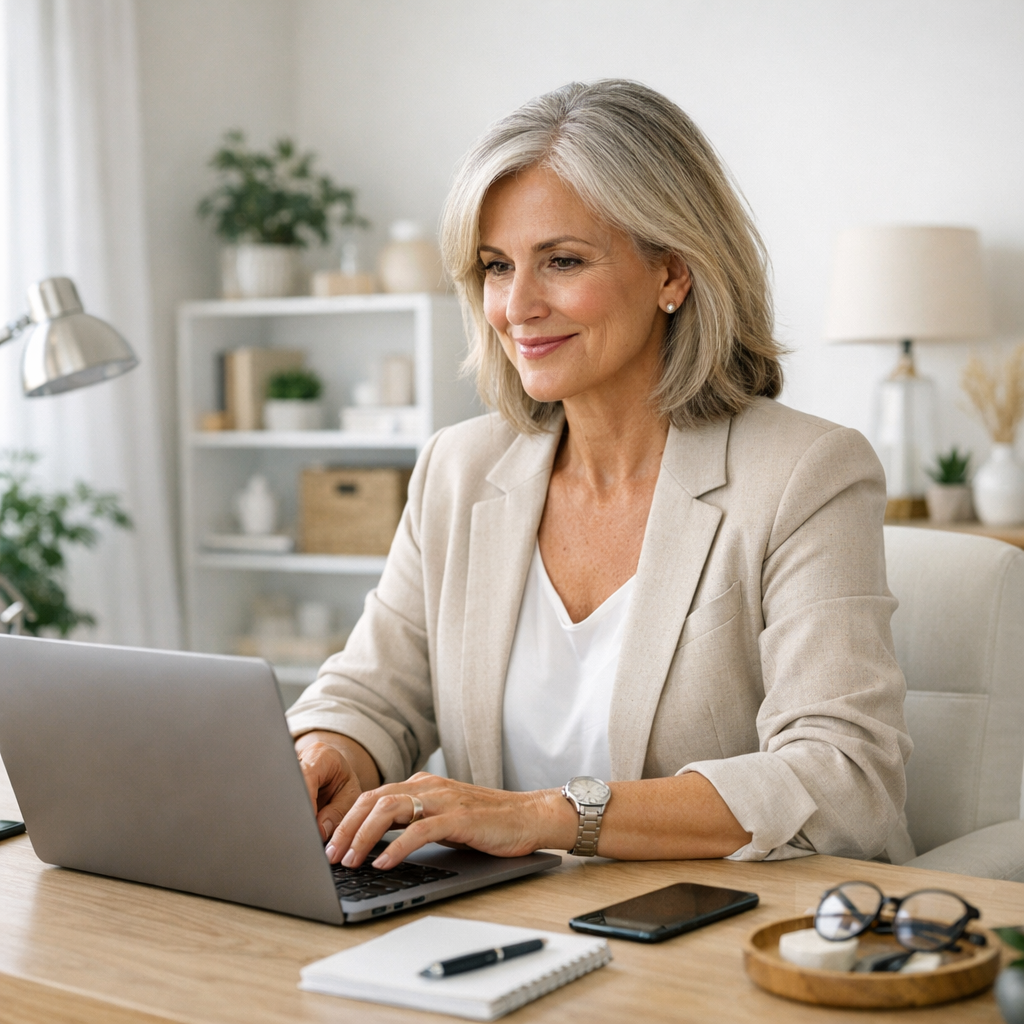Confident mature professional working on laptop in bright, organized home office space with clean desk setup