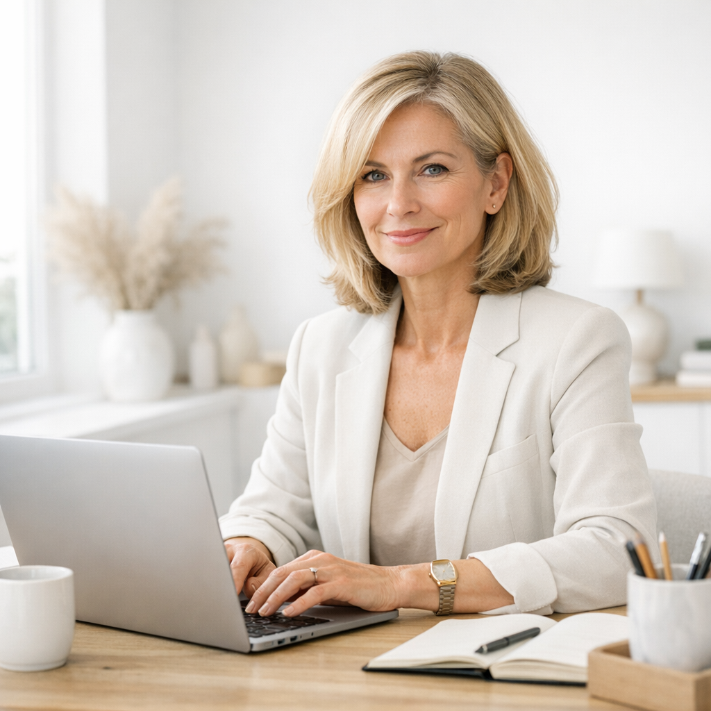 Confident mature professional working on laptop in bright, minimalist home office setting