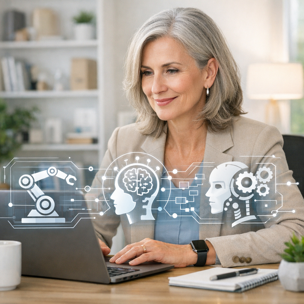 Confident mature professional working comfortably with AI automation tools on laptop in bright, organized workspace