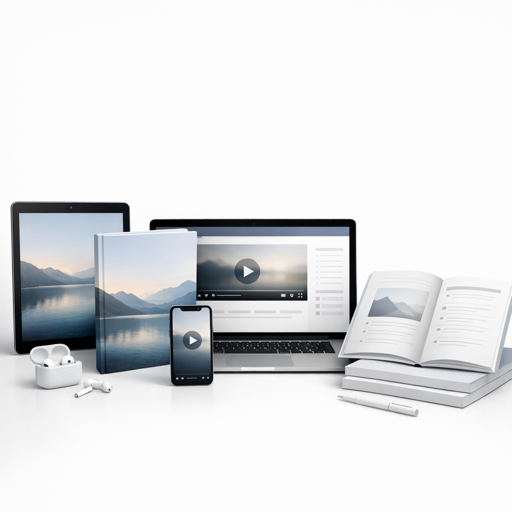 Clean digital product mockup showing ebook and course materials