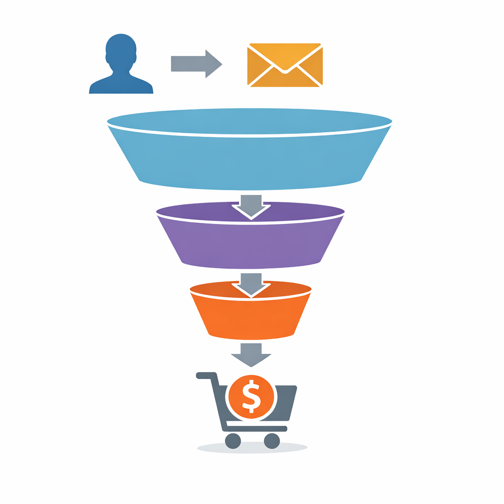 Clean diagram showing simple email marketing funnel with four clear steps from subscriber to customer