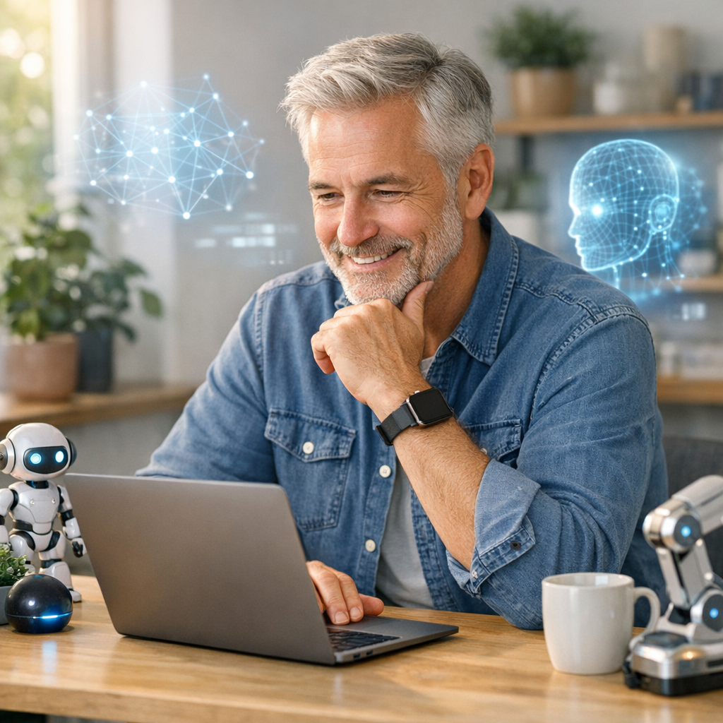 Friendly mature adult exploring AI technology on laptop in bright, welcoming workspace