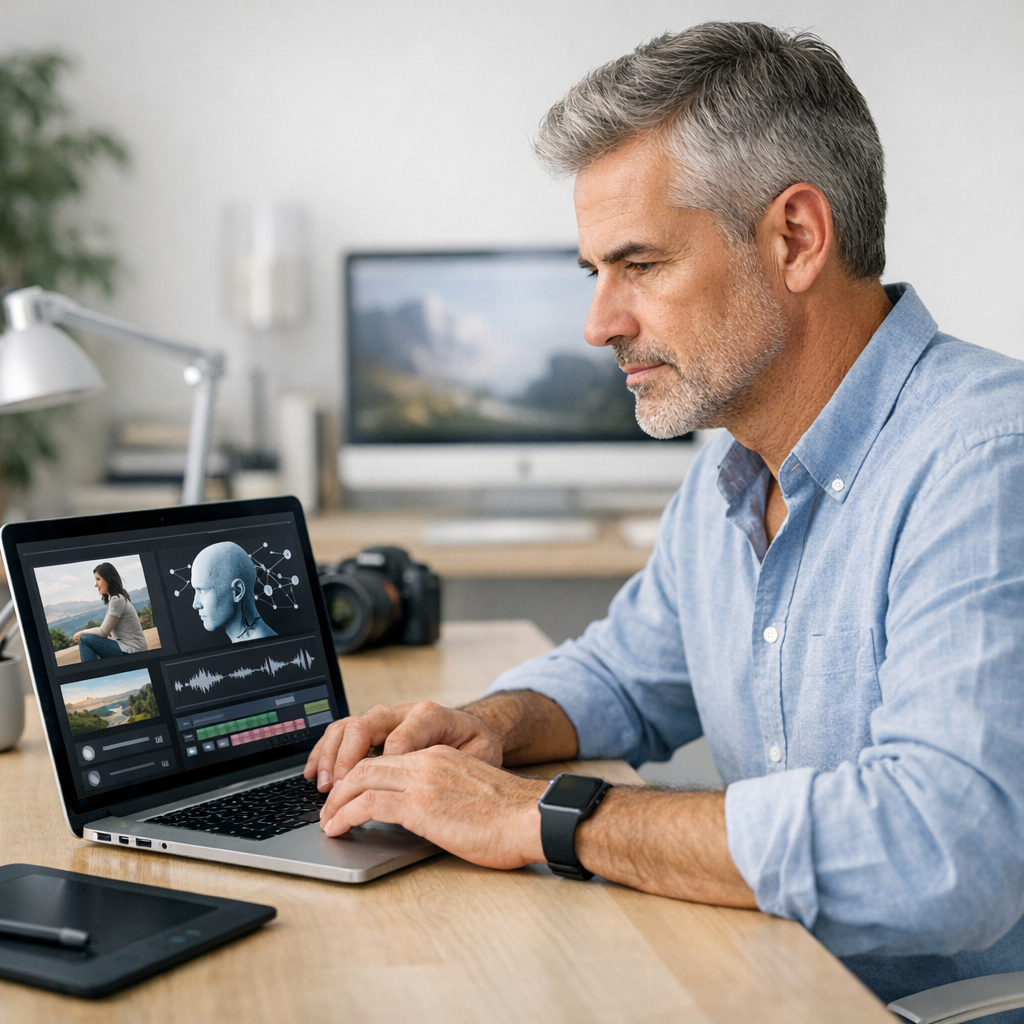 Mature professional using laptop with AI tools for content creation in a clean, modern workspace
