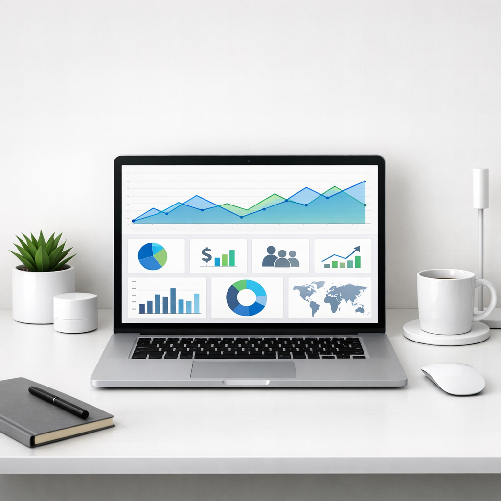 Minimalist desk setup with laptop displaying affiliate marketing dashboard and clear analytics
