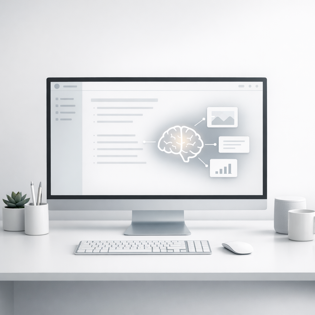 Minimalist desktop with AI writing assistant creating clear content