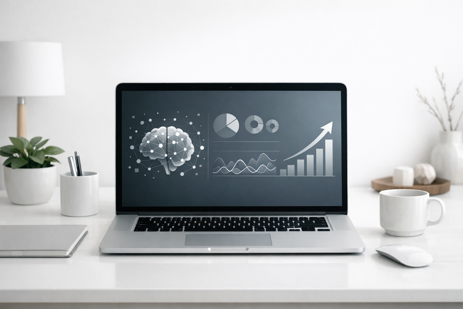 Clean minimalist workspace showing laptop with simple AI dashboard and growth chart