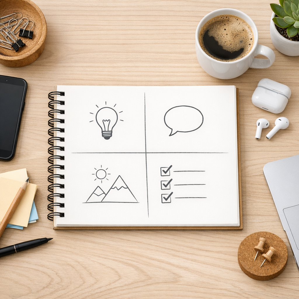 Clean notebook with clear topic ideas organized on a simple workspace