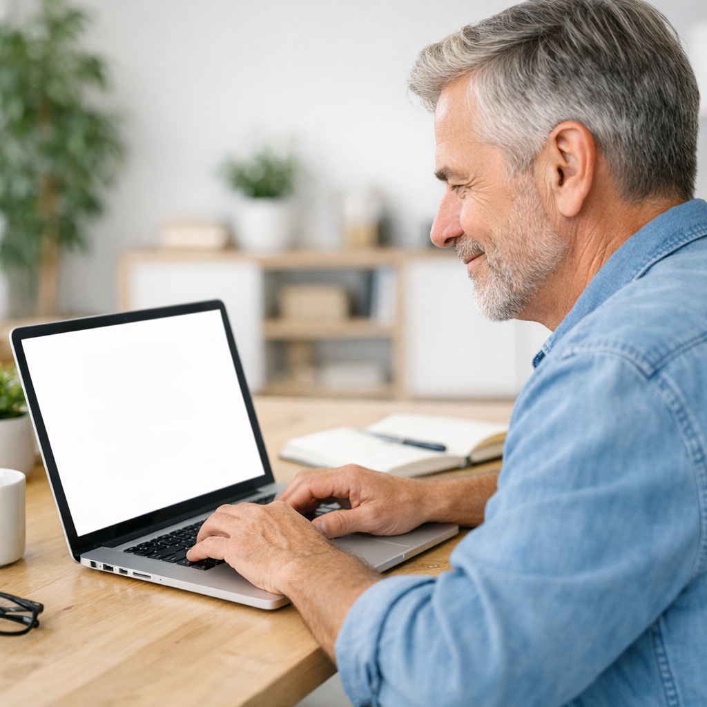 Friendly over-fifties learner practicing AI prompt writing on a clean laptop screen in a bright modern workspace