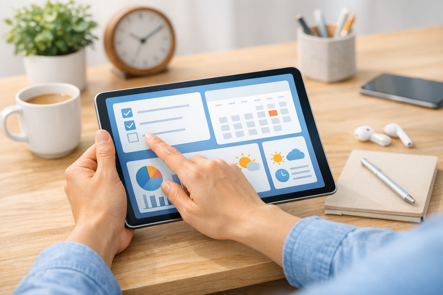 Simple bright scene of person using tablet for daily tasks with clear interface