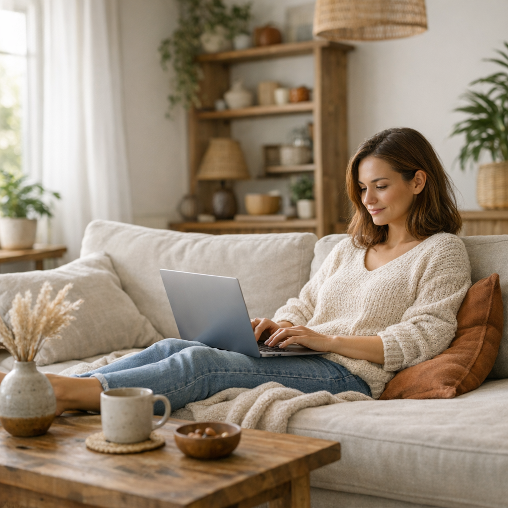 Person working comfortably on laptop in peaceful home environment with natural light
