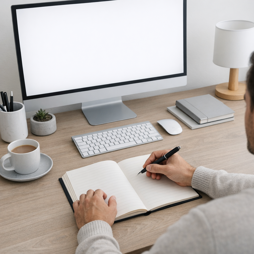 Person writing clear, organized content on a minimalist desktop setup