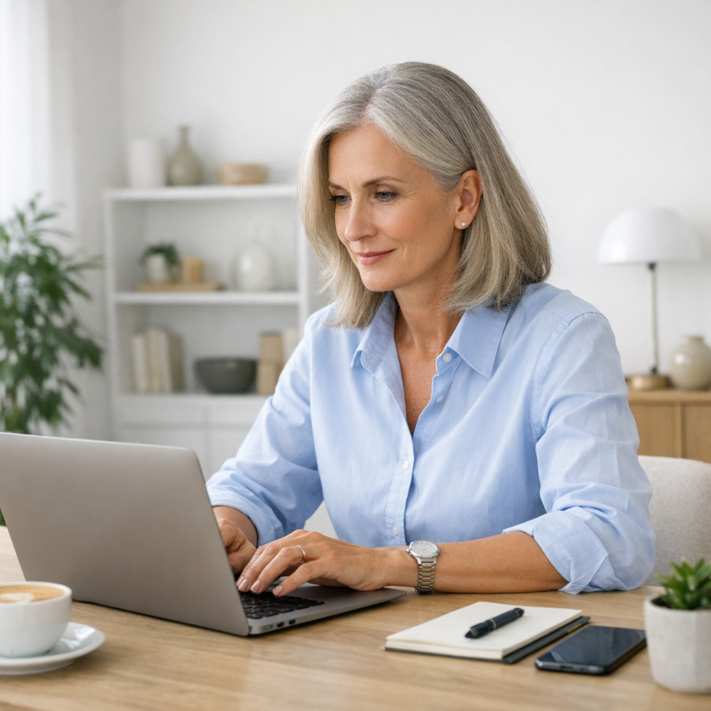 Mature professional working confidently on laptop in bright minimalist home office space exploring affiliate marketing opportunities
