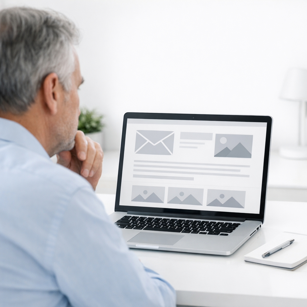 Mature professional reviewing email marketing content on a clean laptop screen in a bright, minimalist workspace