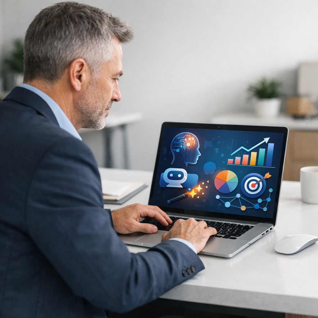 Mature professional using laptop with clean workspace and AI marketing tools displayed on screen