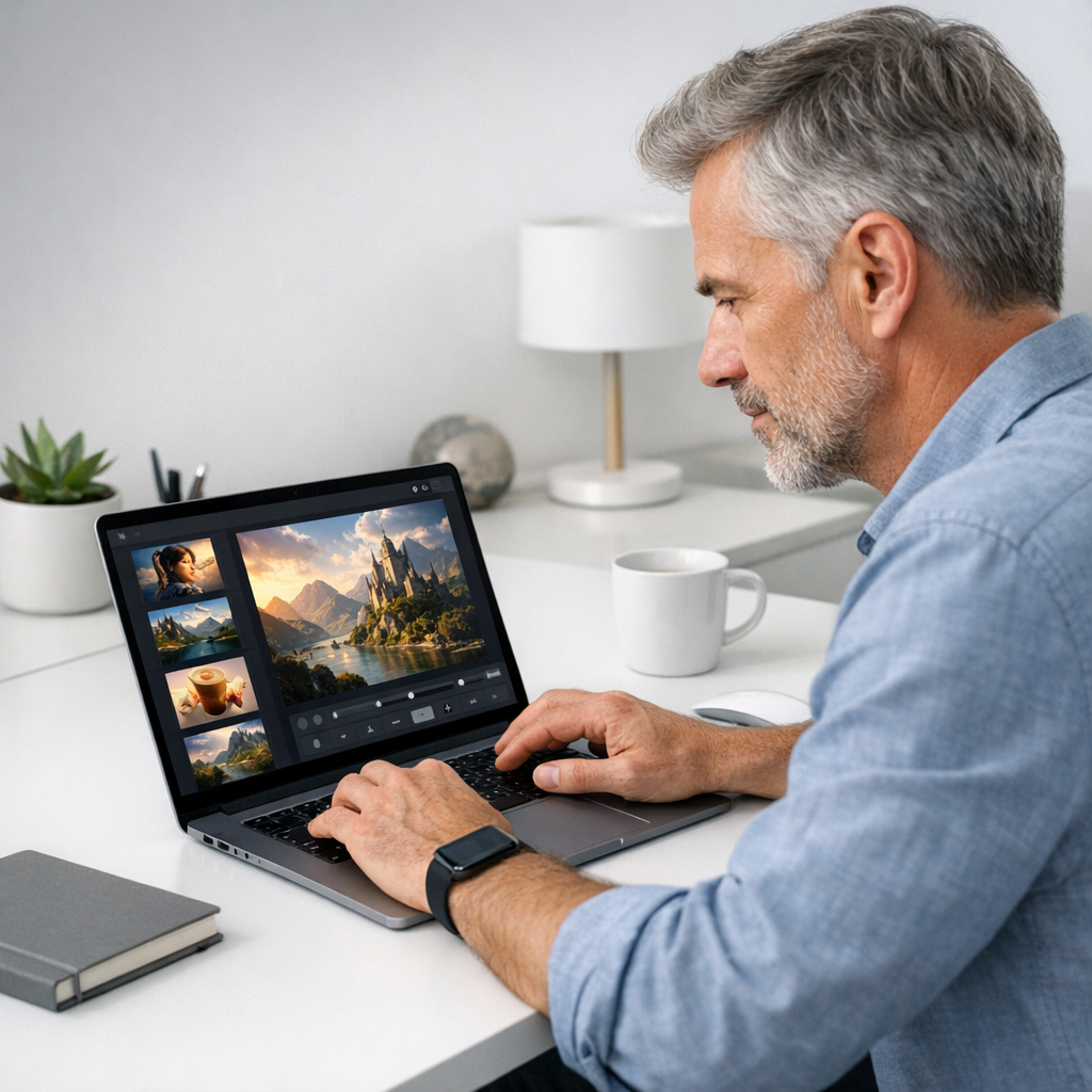 Mature professional using AI content creation tools on laptop with clean minimalist workspace