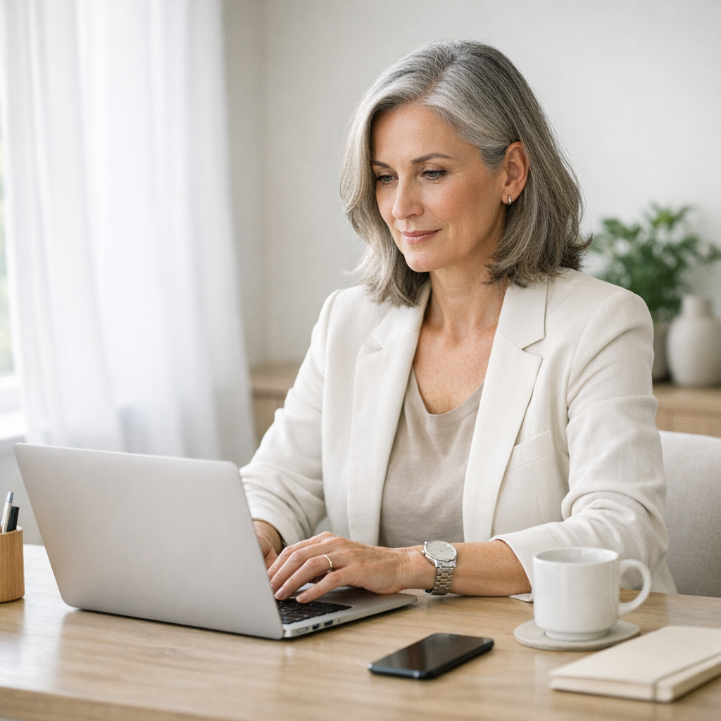 Mature professional working confidently on laptop in clean, minimalist workspace with natural lighting