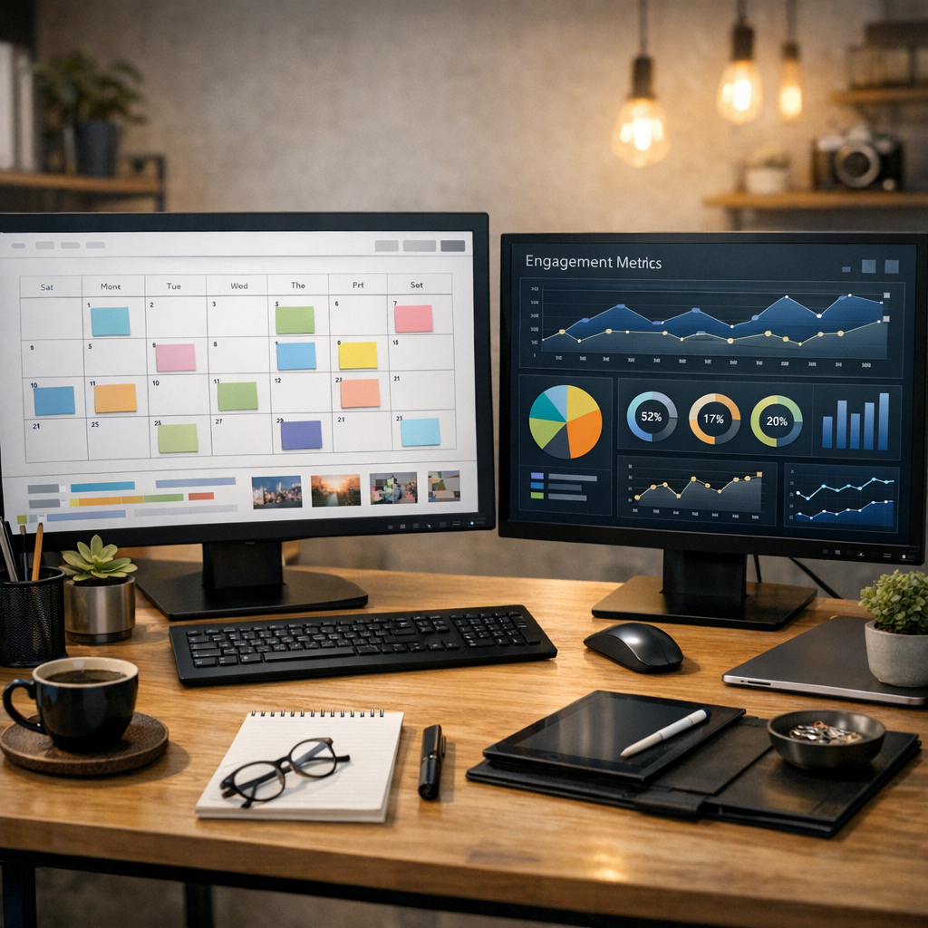 Professional workspace showing content calendar and engagement metrics