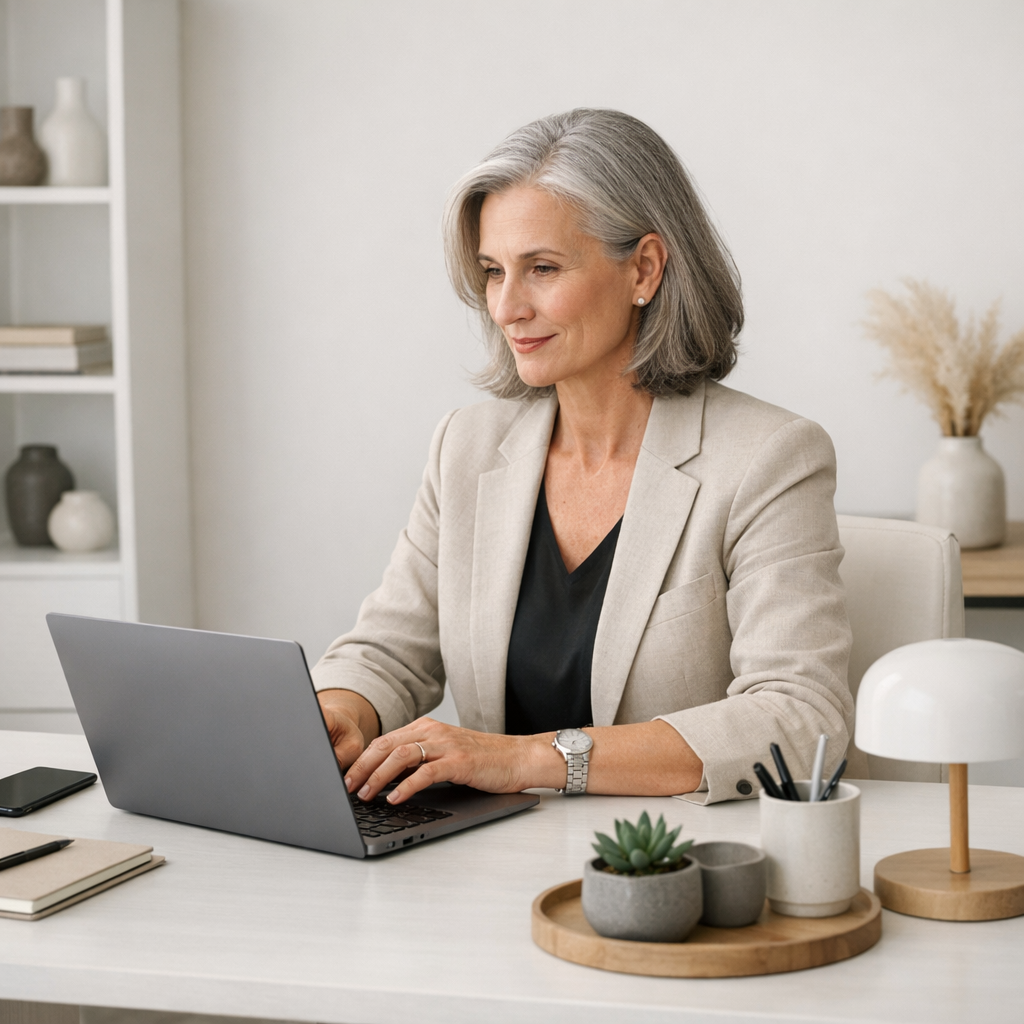 Mature professional confidently working on laptop in organized minimalist workspace