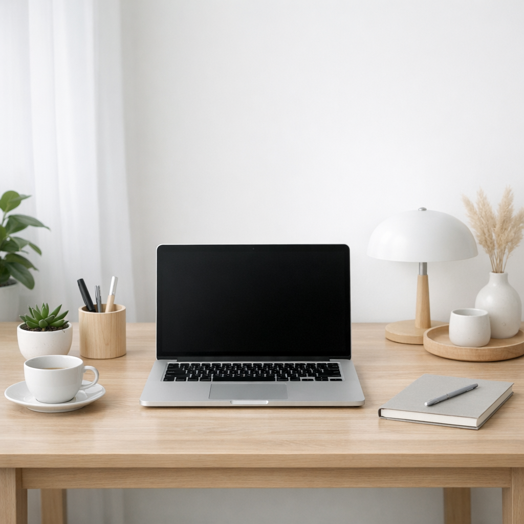 Simple home office setup with laptop in bright uncluttered space